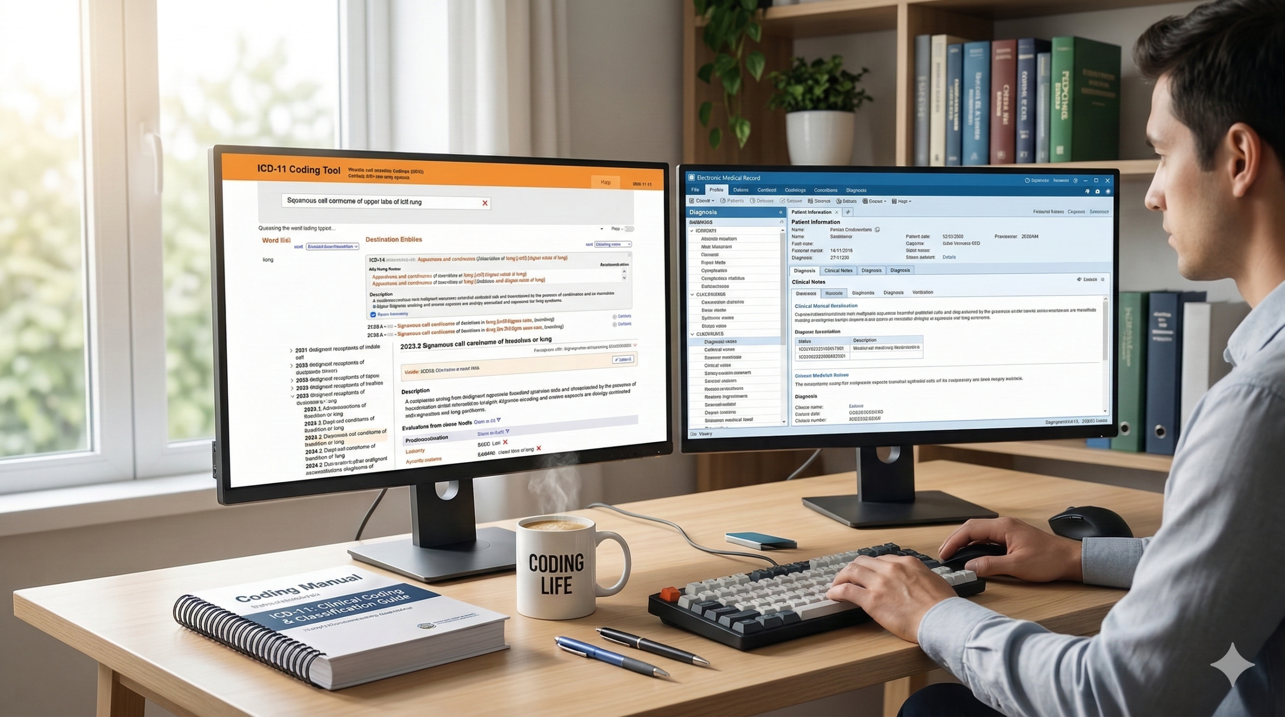 A clean, professional home office setup. Two 27-inch monitors display ICD-11 coding software and medical records. A physical "Coding Manual" sits on the desk next to a coffee mug. Soft, natural morning light.