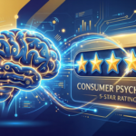 A professional conceptual illustration of a human brain interacting with a 5-star rating scale, vibrant gold and deep blue colors, clean modern digital art style, representing consumer psychology.