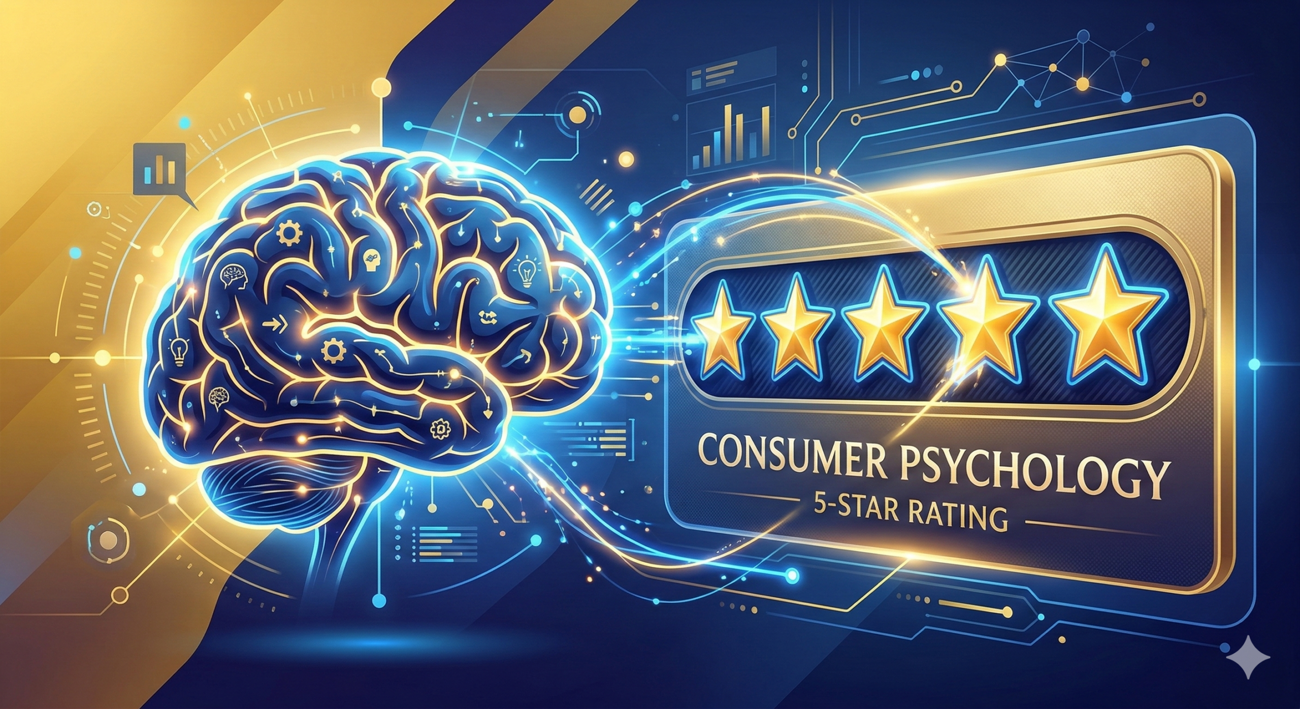 A professional conceptual illustration of a human brain interacting with a 5-star rating scale, vibrant gold and deep blue colors, clean modern digital art style, representing consumer psychology.